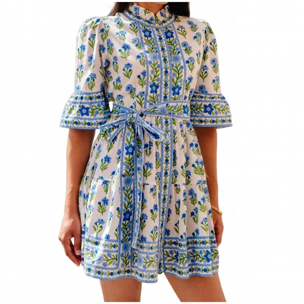 NEW PINK CITY PRINTS gemma mini dress in lapis meadow
